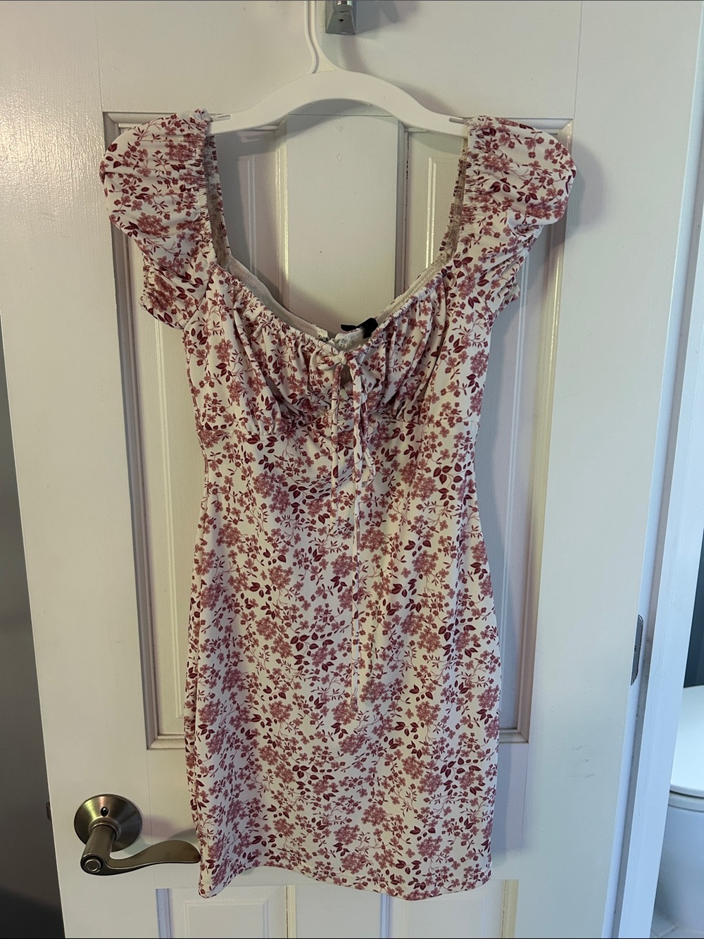 Windsor Floral Ruffle-Sleeve Mini Dress in Blush Red